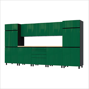 12.5' Premium Racing Green Garage Cabinet System with Butcher Block Tops