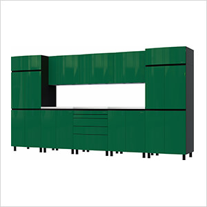 12.5' Premium Racing Green Garage Cabinet System with Stainless Steel Tops