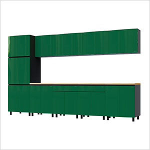 12.5' Premium Racing Green Garage Cabinet System with Butcher Block Tops