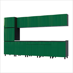 12.5' Premium Racing Green Garage Cabinet System with Stainless Steel Tops