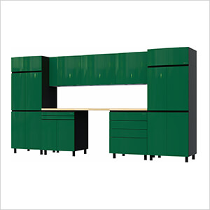 12.5' Premium Racing Green Garage Cabinet System with Butcher Block Tops