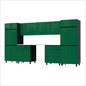 12.5' Premium Racing Green Garage Cabinet System with Stainless Steel Tops