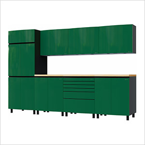 10' Premium Racing Green Garage Cabinet System with Butcher Block Tops