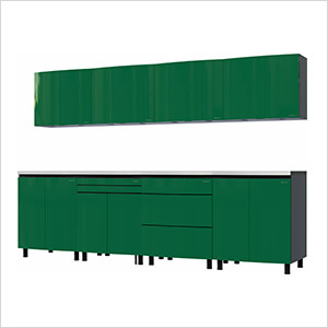 10' Premium Racing Green Garage Cabinet System with Stainless Steel Tops