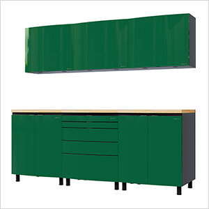 7.5' Premium Racing Green Garage Cabinet System with Butcher Block Tops