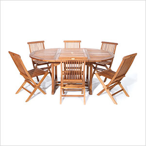 7-Piece Oval Extension Table Folding Chair Set with Blue Cushions