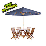 All Things Cedar 6-Piece Octagon Folding Table and Folding Chair Set with Blue Umbrella