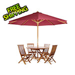 All Things Cedar 6-Piece Octagon Folding Table and Folding Chair Set with Red Umbrella