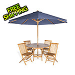 All Things Cedar 6-Piece Round Folding Table and Folding Chair Set with Blue Umbrella