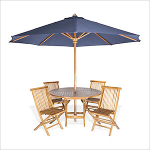 6-Piece Round Folding Table and Folding Chair Set with Blue Umbrella