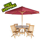 All Things Cedar 6-Piece Round Folding Table and Folding Chair Set with Red Umbrella