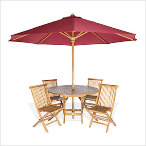 6-Piece Round Folding Table and Folding Chair Set with Red Umbrella