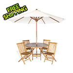 All Things Cedar 6-Piece Round Folding Table and Folding Chair Set with White Umbrella