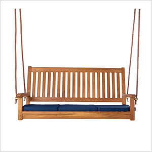 Teak Swing with Blue Cushions