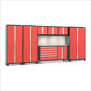 BOLD Red 7-Piece Cabinet Set with Stainless Top, Backsplash, LED Lights