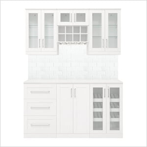 White 7-Piece Cabinet Set with Glass Subway Tile Backsplash