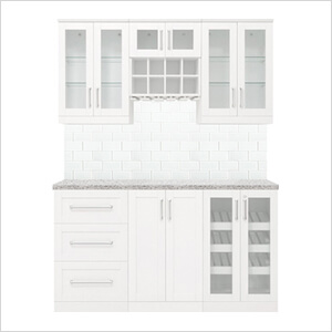 White 7-Piece Cabinet Set with Granite Countertop and Glass Subway Tile Backsplash