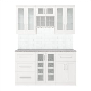 White 7-Piece Cabinet Set with Granite Countertop and Glass Subway Tile Backsplash