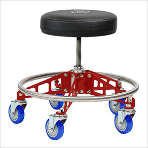 Robust Steel Rolling Shop Stool (Black Seat, Red Frame, Blue Casters)