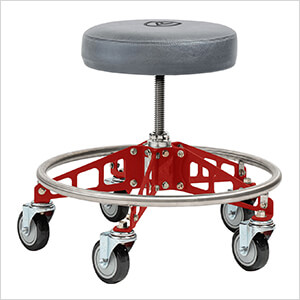 Robust Steel Rolling Shop Stool (Grey Seat, Red Frame, Black Casters)