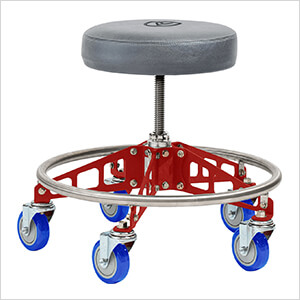 Robust Steel Rolling Shop Stool (Grey Seat, Red Frame, Blue Casters)