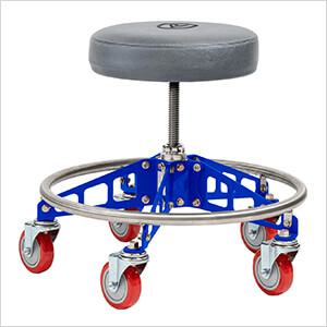 Robust Steel Rolling Shop Stool (Grey Seat, Blue Frame, Red Casters)