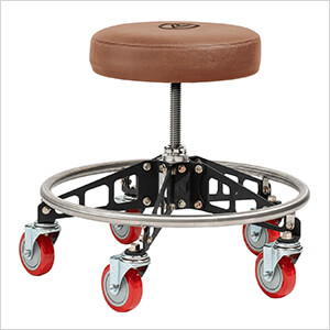 Robust Steel Rolling Shop Stool (Brown Seat, Black Frame, Red Casters)