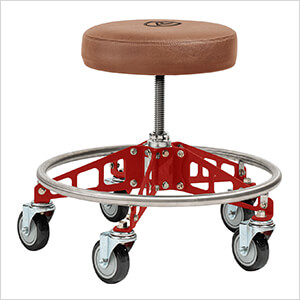 Robust Steel Rolling Shop Stool (Brown Seat, Red Frame, Black Casters)