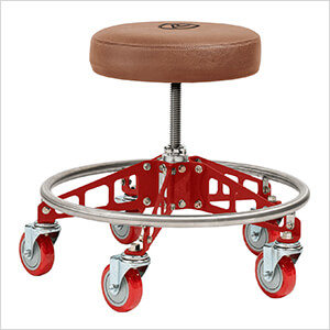 Robust Steel Rolling Shop Stool (Brown Seat, Red Frame, Red Casters)