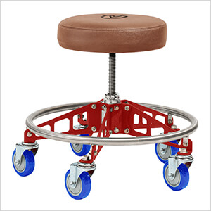 Robust Steel Rolling Shop Stool (Brown Seat, Red Frame, Blue Casters)