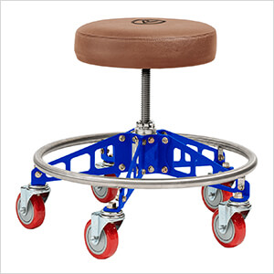 Robust Steel Rolling Shop Stool (Brown Seat, Blue Frame, Red Casters)