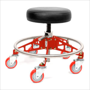 Robust Steel Quick Height Rolling Shop Stool (Black Seat, Red Frame, Red Casters)