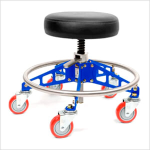 Robust Steel Quick Height Rolling Shop Stool (Black Seat, Blue Frame, Red Casters)