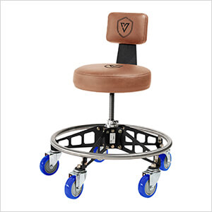 Robust Steel Max Rolling Shop Stool (Brown Seat, Black Frame, Blue Casters)