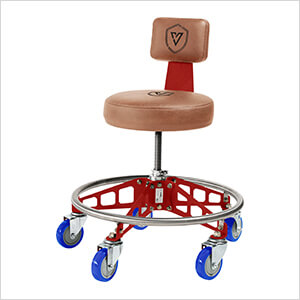 Robust Steel Max Rolling Shop Stool (Brown Seat, Red Frame, Blue Casters)