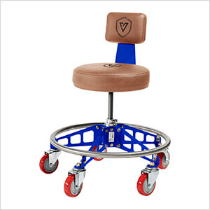 Robust Steel Max Rolling Shop Stool (Brown Seat, Blue Frame, Red Casters)