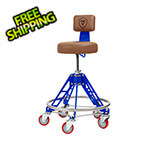 Vyper Industrial Elevated Steel Max Shop Stool (Brown Seat, Blue Frame, Red Casters)