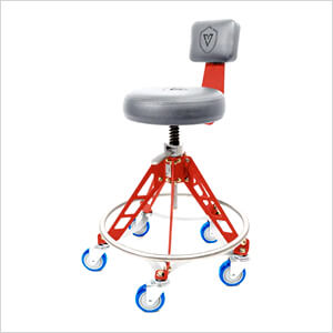 Elevated Steel Max Quick Height Shop Stool (Grey Seat, Red Frame, Blue Casters)