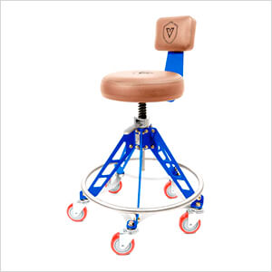 Elevated Steel Max Quick Height Shop Stool (Brown Seat, Blue Frame, Red Casters)