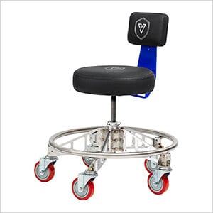 Premier Aluminum Max Shop Stool (Black Seat, Blue Backrest Arm, Red Casters)