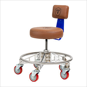 Premier Aluminum Max Shop Stool (Brown Seat, Blue Backrest Arm, Red Casters)