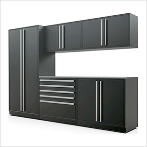 6-Piece Mat Black Cabinet Set with Silver Handles and Stainless Steel Worktop