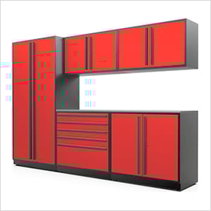 6-Piece Glossy Red Cabinet Set with Black Handles and Stainless Steel Worktop