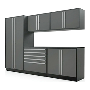 6-Piece Glossy Grey Cabinet Set with Silver Handles and Powder Coated Worktop
