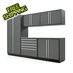 Proslat Garage Cabinets 6-Piece Glossy Grey Cabinet Set with Silver Handles and Stainless Steel Worktop