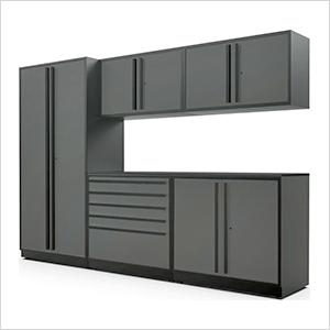 6-Piece Glossy Grey Cabinet Set with Black Handles and Powder Coated Worktop