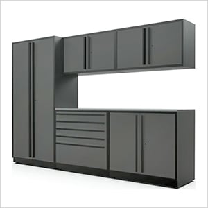 6-Piece Glossy Grey Cabinet Set with Black Handles and Stainless Steel Worktop