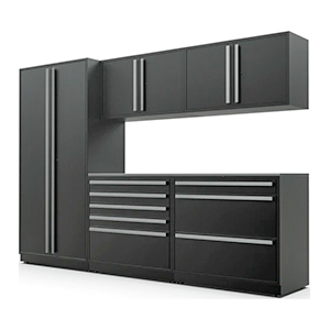6-Piece Mat Black Cabinet Set with Silver Handles and Stainless Steel Worktop
