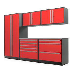 6-Piece Glossy Red Cabinet Set with Silver Handles and Stainless Steel Worktop