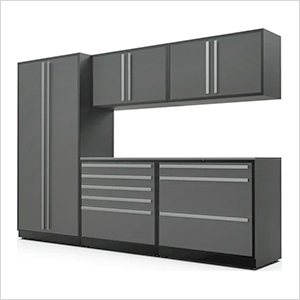 6-Piece Glossy Grey Cabinet Set with Silver Handles and Stainless Steel Worktop